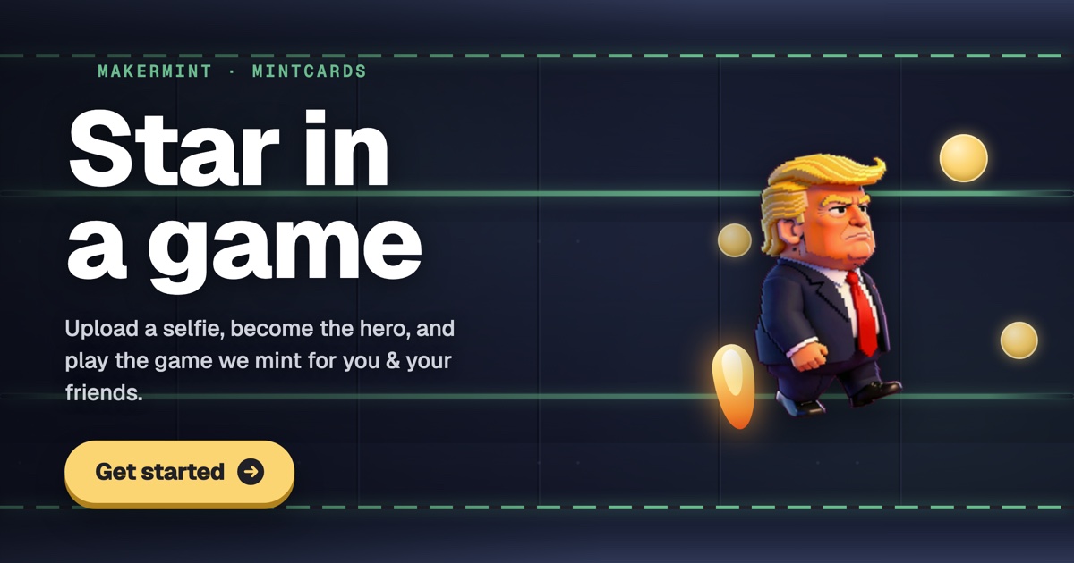 The Mintcards playable hero — a jetpack character flying through a trail of minted coins in a neon lab corridor, beside the headline 'Star in a game'